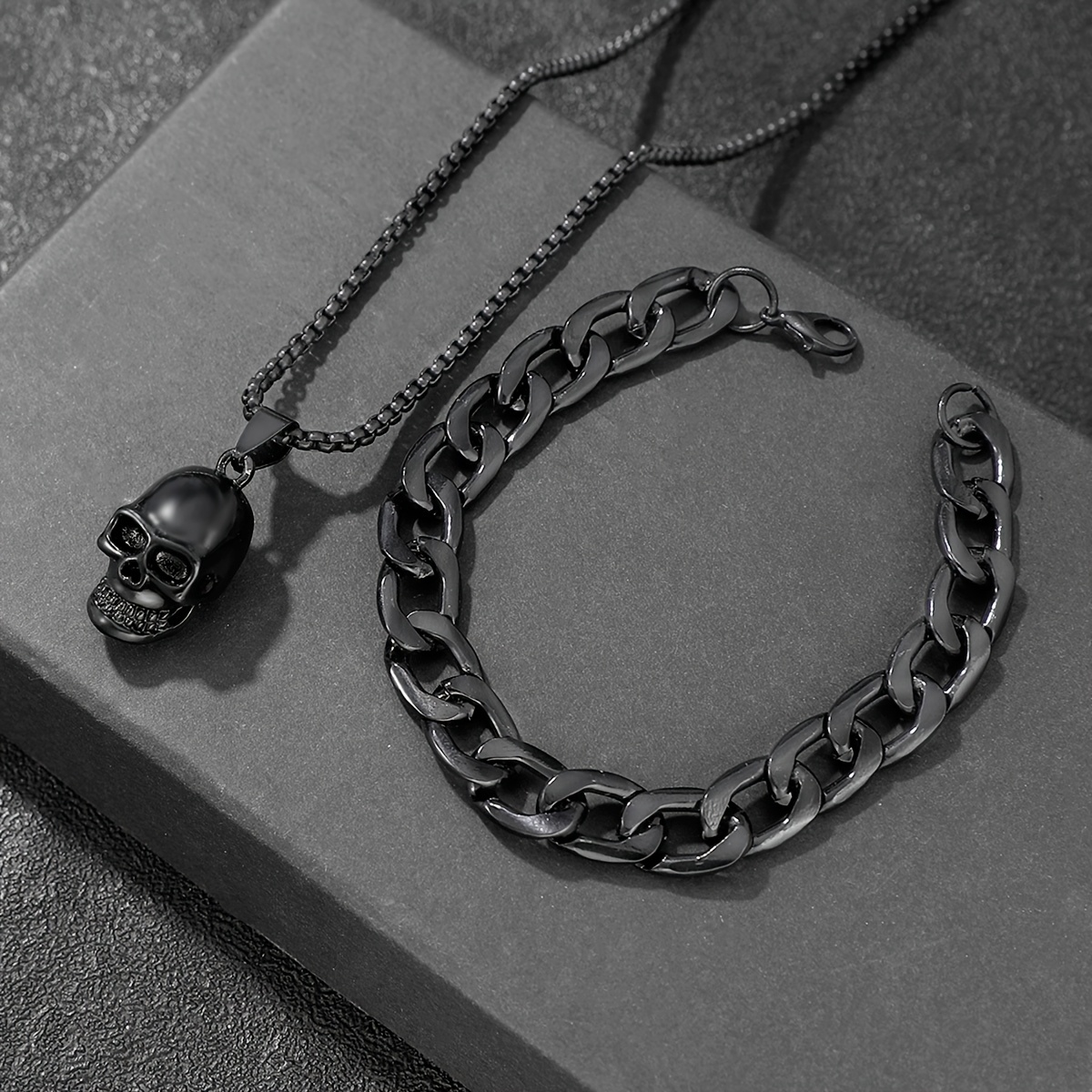 Skull Pendant Necklace and Bracelet Set for Men
